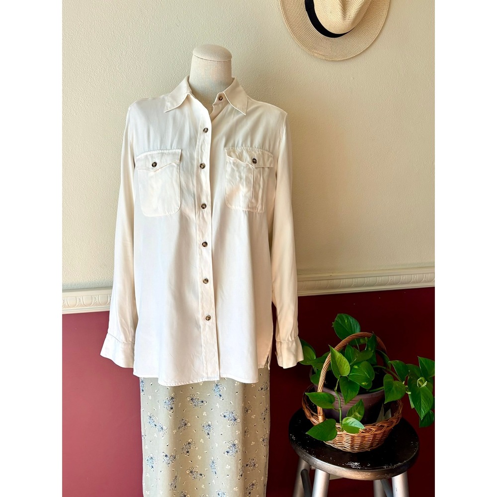 Neiman Marcus 100% Silk Roll Tab Utility Shirt Cream S Quiet Luxury Chic Relaxed